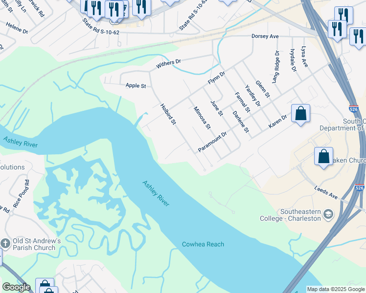 map of restaurants, bars, coffee shops, grocery stores, and more near 4613 Ashley View Lane in North Charleston