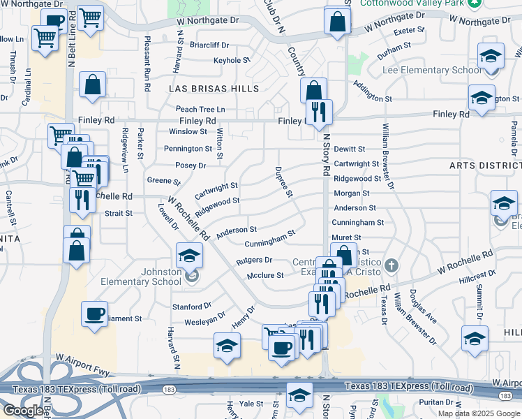 map of restaurants, bars, coffee shops, grocery stores, and more near 2609 Ridgewood Street in Irving