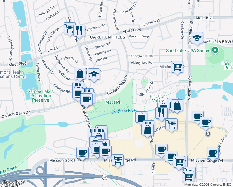 map of restaurants, bars, coffee shops, grocery stores, and more near 9404f Carlton Oaks Drive in Santee