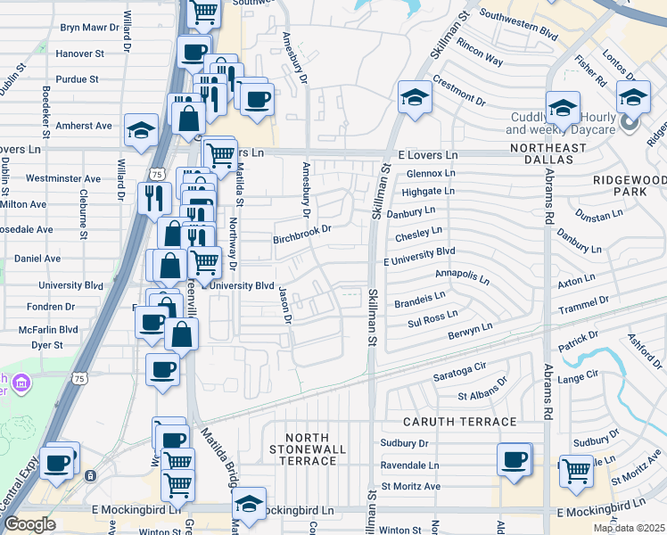 map of restaurants, bars, coffee shops, grocery stores, and more near 6015 East University Boulevard in Dallas