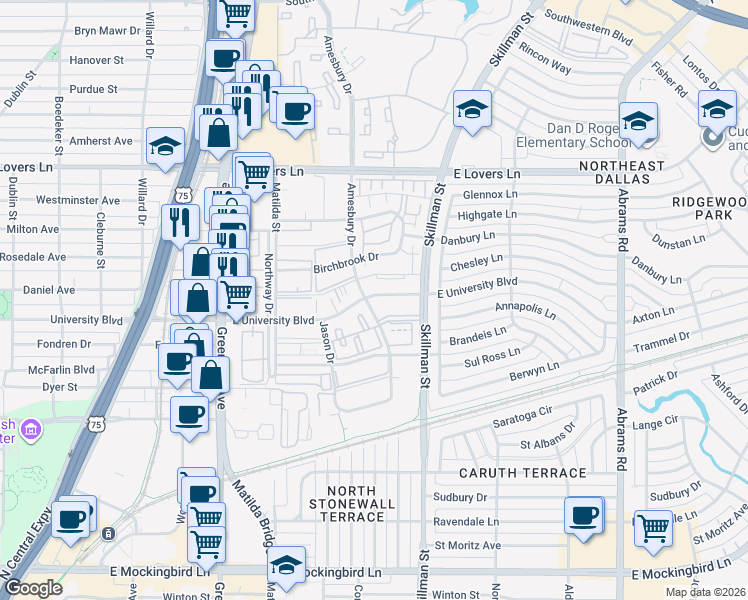 map of restaurants, bars, coffee shops, grocery stores, and more near 6015 East University Boulevard in Dallas