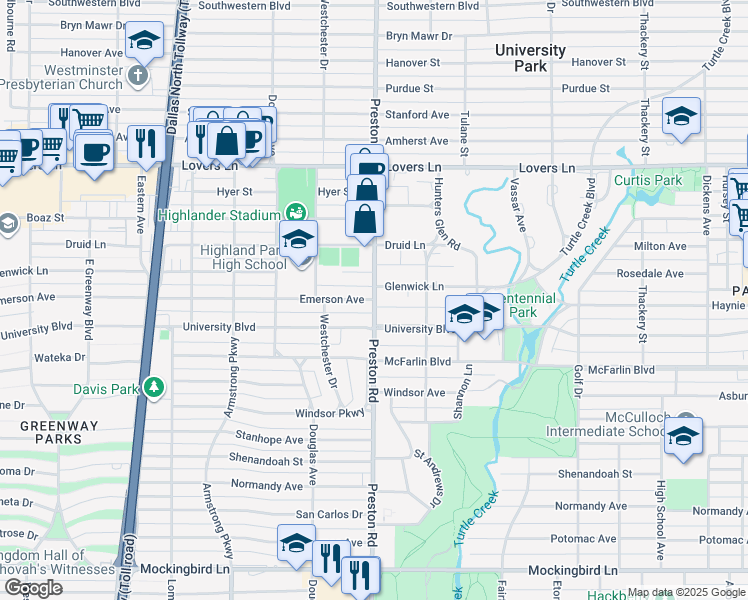 map of restaurants, bars, coffee shops, grocery stores, and more near 4044 Glenwick Lane in Dallas