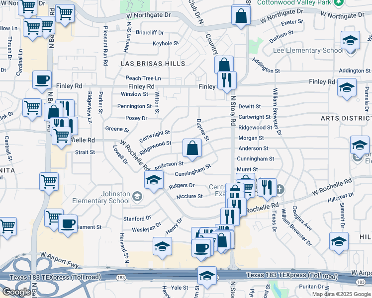 map of restaurants, bars, coffee shops, grocery stores, and more near 2609 Ridgewood Street in Irving