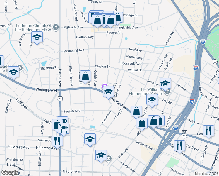 map of restaurants, bars, coffee shops, grocery stores, and more near 2263 Robin Lyn Court in Macon