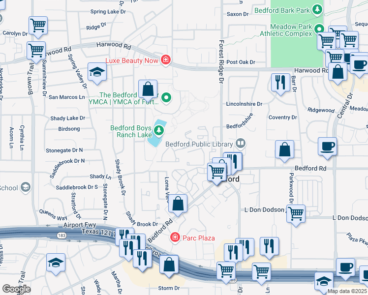 map of restaurants, bars, coffee shops, grocery stores, and more near 1401 Shady Lane in Bedford