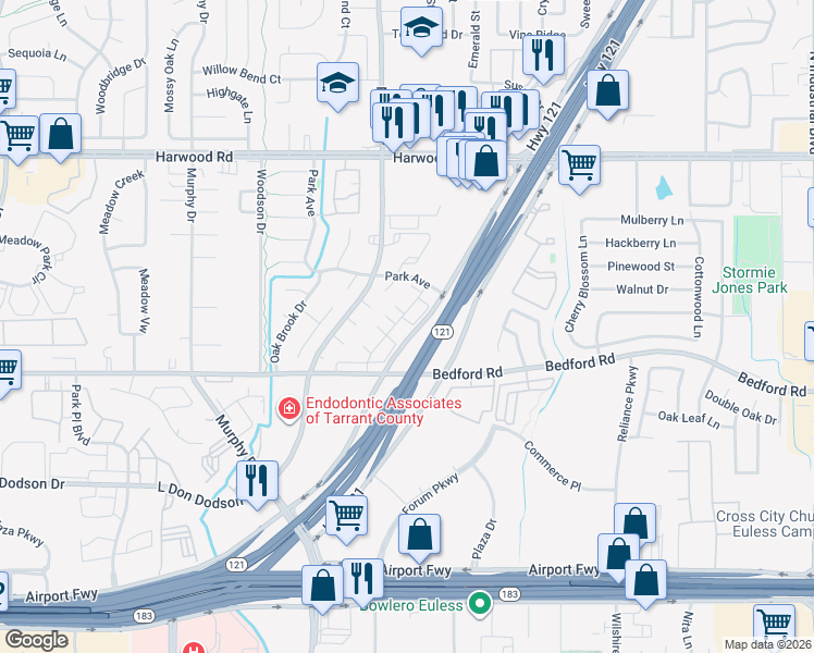 map of restaurants, bars, coffee shops, grocery stores, and more near 2601 Durango Ridge Drive in Bedford