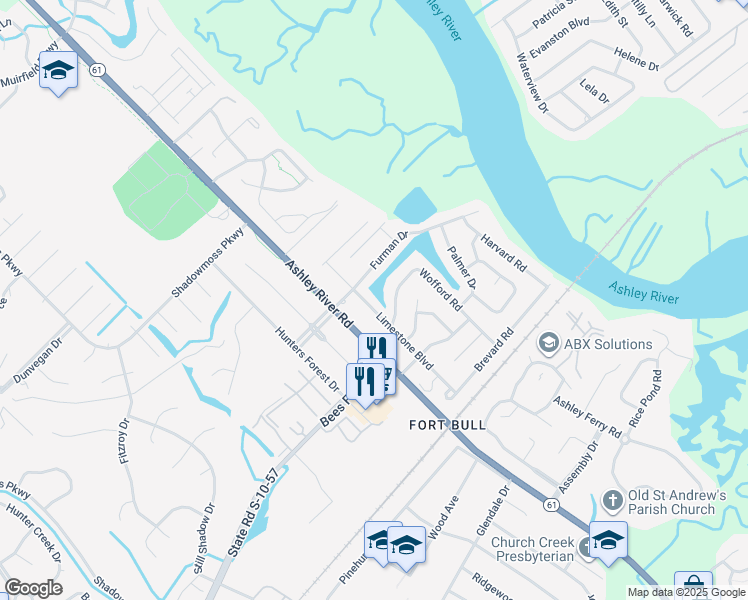 map of restaurants, bars, coffee shops, grocery stores, and more near 2310 Furman Drive in Charleston