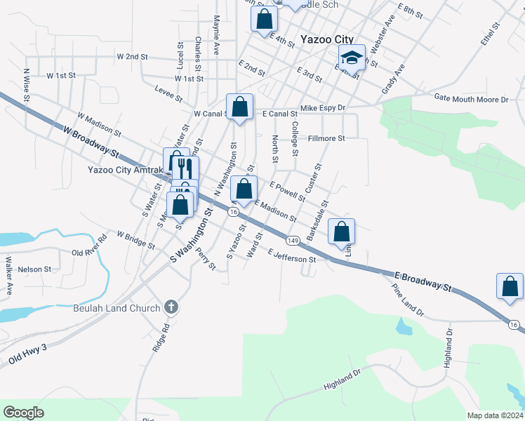 map of restaurants, bars, coffee shops, grocery stores, and more near 407 East Madison Street in Yazoo City