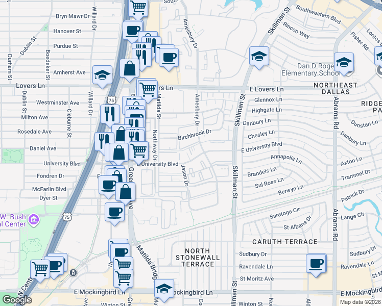 map of restaurants, bars, coffee shops, grocery stores, and more near 5924 Birchbrook Drive in Dallas