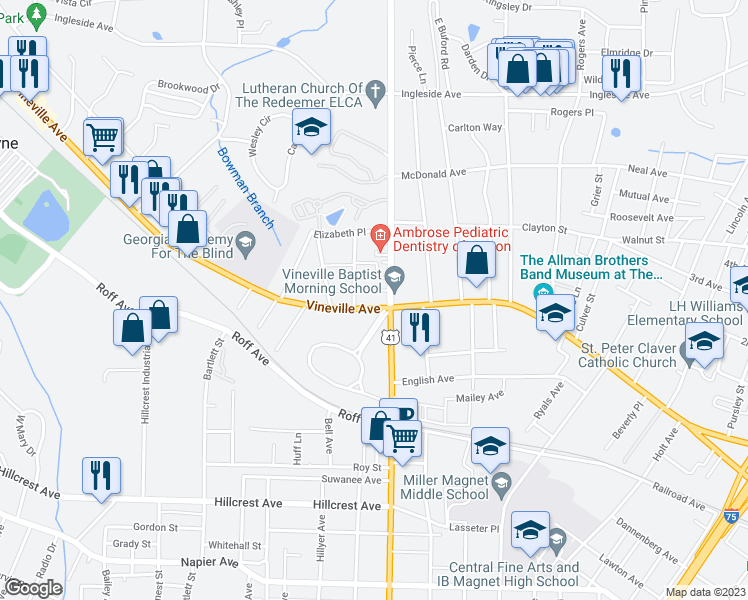 map of restaurants, bars, coffee shops, grocery stores, and more near 2619 Vineville Avenue in Macon