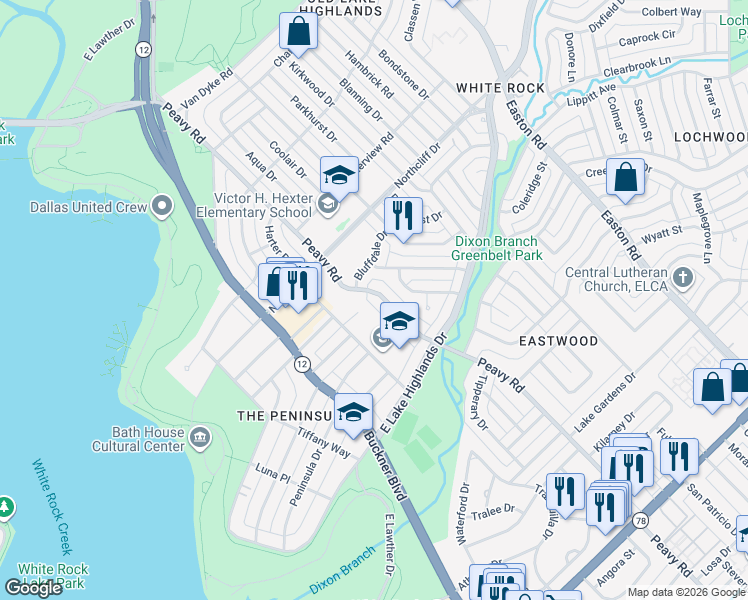 map of restaurants, bars, coffee shops, grocery stores, and more near 814 Peavy Road in Dallas