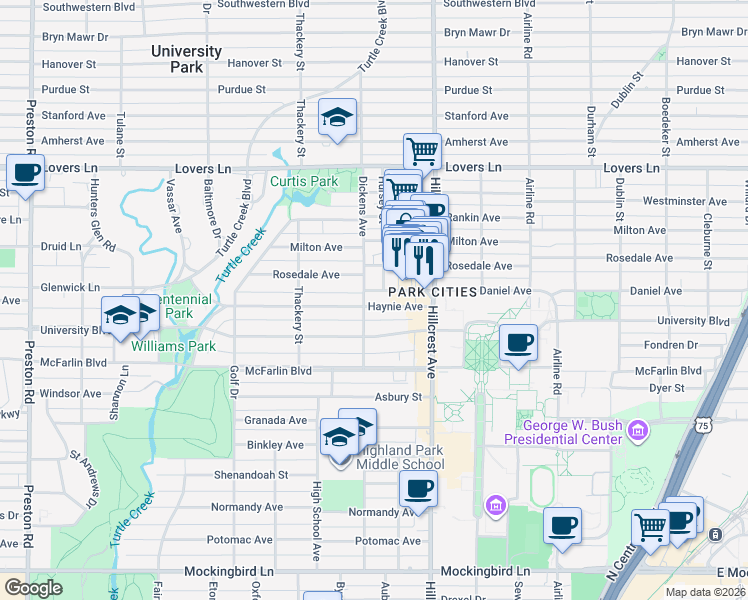 map of restaurants, bars, coffee shops, grocery stores, and more near 6606 Hursey Street in Dallas