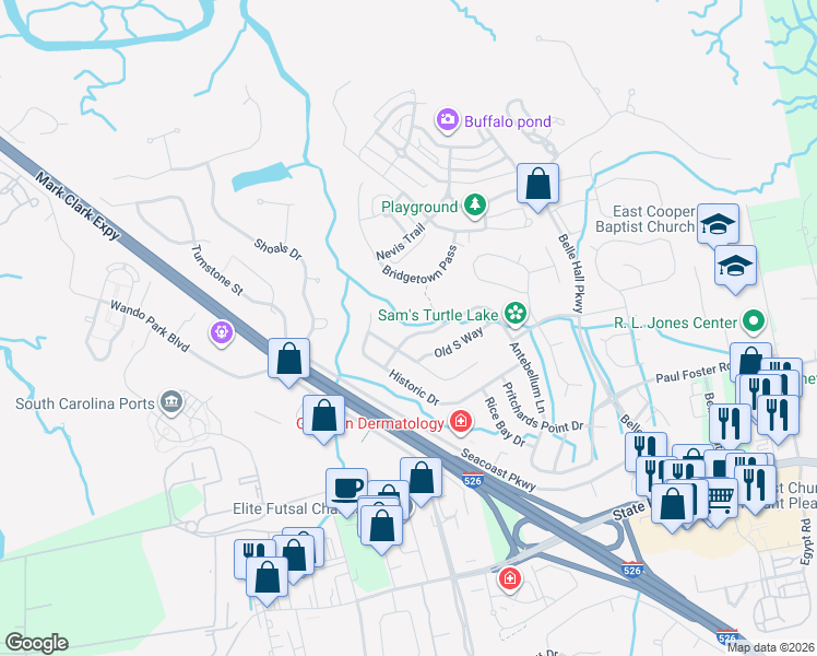 map of restaurants, bars, coffee shops, grocery stores, and more near 378 Antebellum Lane in Mount Pleasant