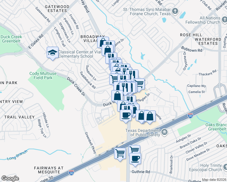 map of restaurants, bars, coffee shops, grocery stores, and more near 6575 Duck Creek Drive in Garland