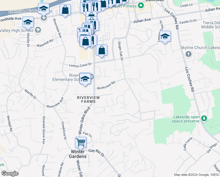 map of restaurants, bars, coffee shops, grocery stores, and more near 12167 Rockcrest Road in Lakeside