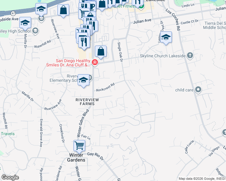 map of restaurants, bars, coffee shops, grocery stores, and more near 9212 Rickie Road in Lakeside