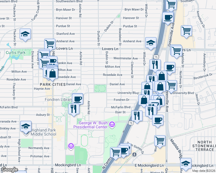 map of restaurants, bars, coffee shops, grocery stores, and more near 2940 Daniel Avenue in Dallas