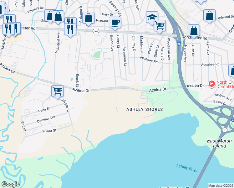 map of restaurants, bars, coffee shops, grocery stores, and more near 6 Azalea Drive in North Charleston