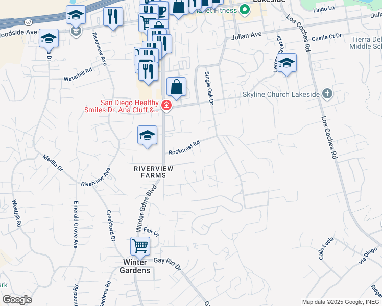 map of restaurants, bars, coffee shops, grocery stores, and more near 12167 Rockcrest Road in Lakeside
