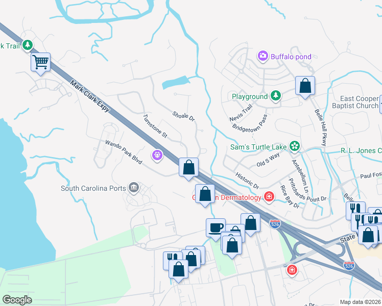 map of restaurants, bars, coffee shops, grocery stores, and more near 480 Turnstone Street in Mount Pleasant