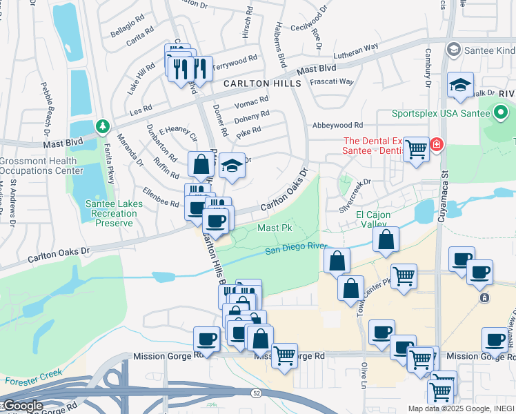 map of restaurants, bars, coffee shops, grocery stores, and more near 9344 Carlton Oaks Drive in Santee