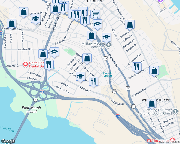 map of restaurants, bars, coffee shops, grocery stores, and more near 2902 Appleton Avenue in North Charleston