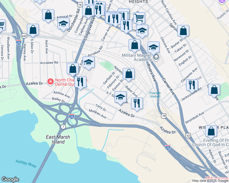map of restaurants, bars, coffee shops, grocery stores, and more near 2222 Easton Street in North Charleston