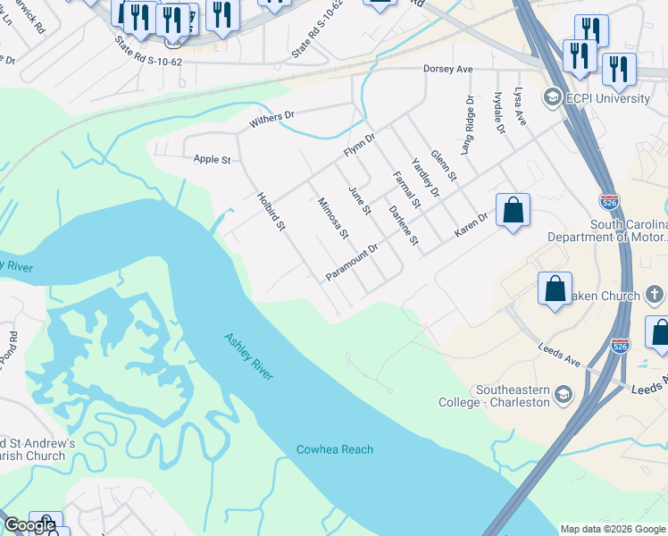 map of restaurants, bars, coffee shops, grocery stores, and more near 4727 Padgett Street in North Charleston