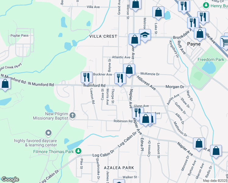 map of restaurants, bars, coffee shops, grocery stores, and more near 3988 Mumford Road in Macon