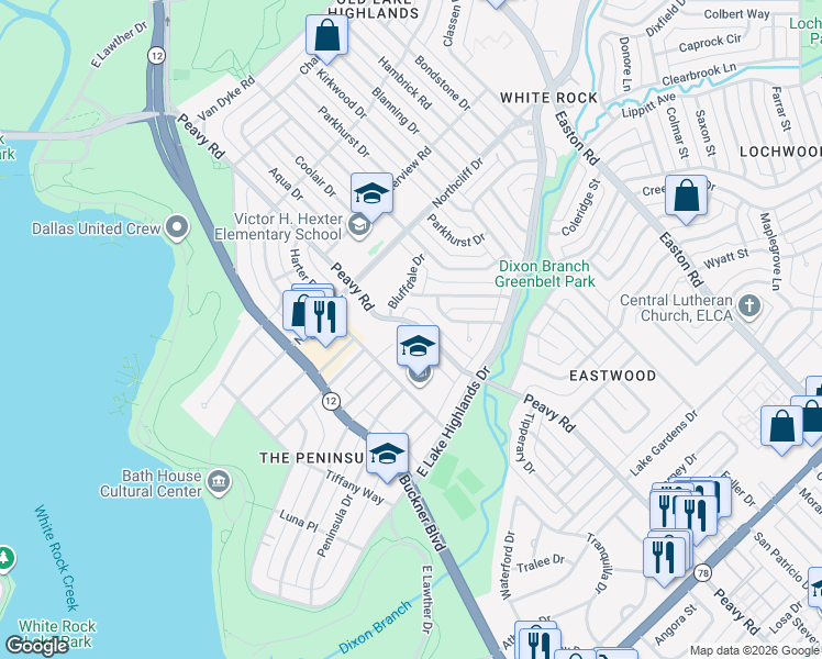 map of restaurants, bars, coffee shops, grocery stores, and more near 814 Peavy Road in Dallas