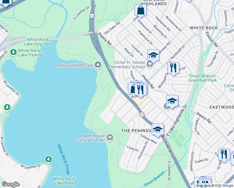 map of restaurants, bars, coffee shops, grocery stores, and more near 607 North Buckner Boulevard in Dallas