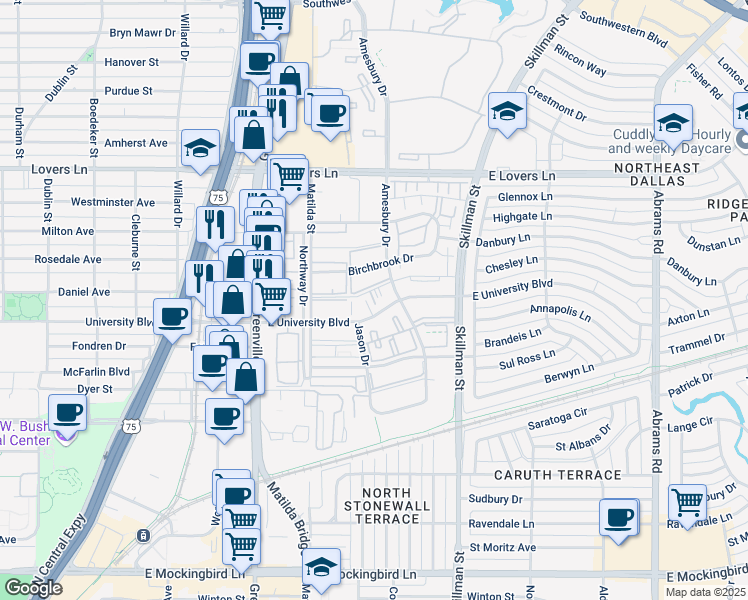 map of restaurants, bars, coffee shops, grocery stores, and more near 5924 Birchbrook Drive in Dallas