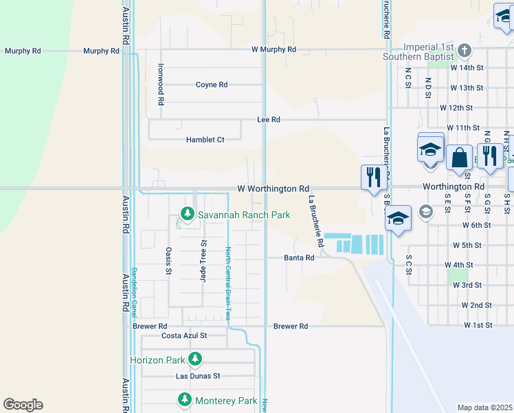 map of restaurants, bars, coffee shops, grocery stores, and more near 605 West Worthington Road in Imperial