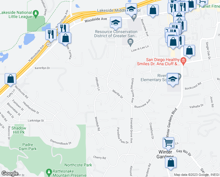map of restaurants, bars, coffee shops, grocery stores, and more near Marilla Drive & Westhill Road in Lakeside