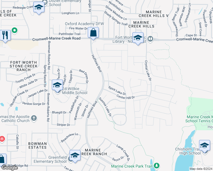 map of restaurants, bars, coffee shops, grocery stores, and more near 5709 Spirit Lake Drive in Fort Worth