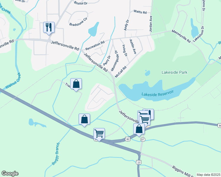 map of restaurants, bars, coffee shops, grocery stores, and more near 2615 Jeffersonville Road in Macon