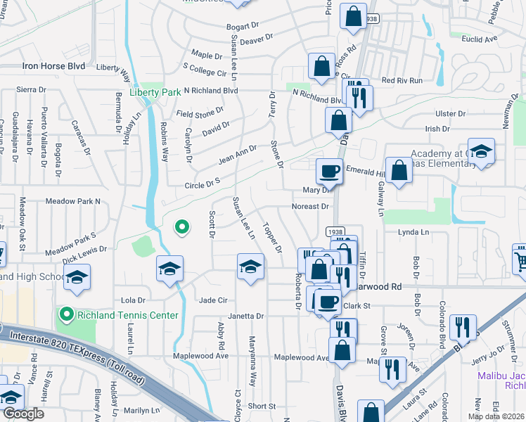 map of restaurants, bars, coffee shops, grocery stores, and more near 5509 Topper Court in Fort Worth
