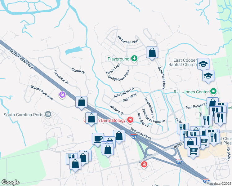 map of restaurants, bars, coffee shops, grocery stores, and more near 378 Antebellum Lane in Mount Pleasant