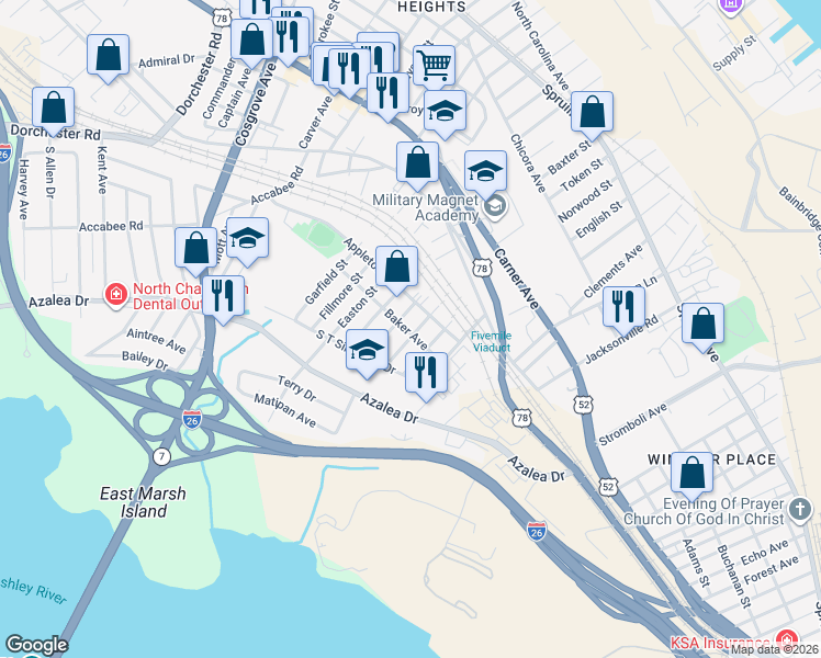 map of restaurants, bars, coffee shops, grocery stores, and more near 2902 Appleton Avenue in North Charleston