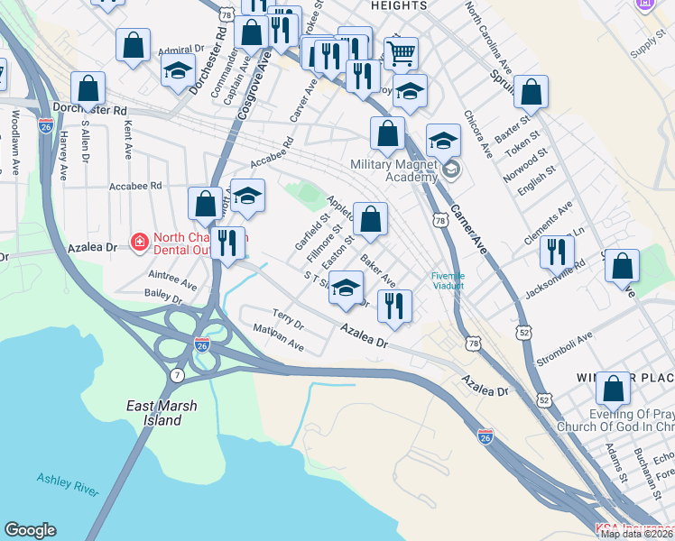 map of restaurants, bars, coffee shops, grocery stores, and more near 2222 Easton Street in North Charleston