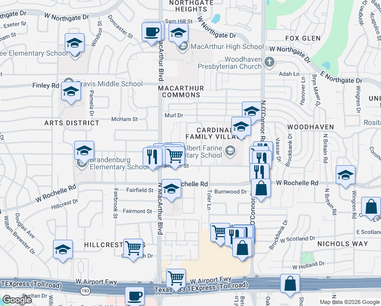map of restaurants, bars, coffee shops, grocery stores, and more near 3029 Chisholm Trail in Irving