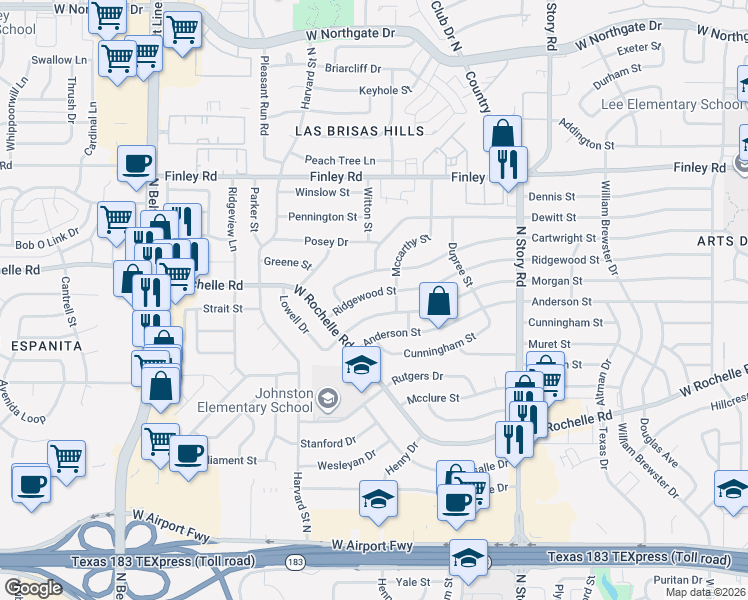 map of restaurants, bars, coffee shops, grocery stores, and more near 2713 Ridgewood Street in Irving