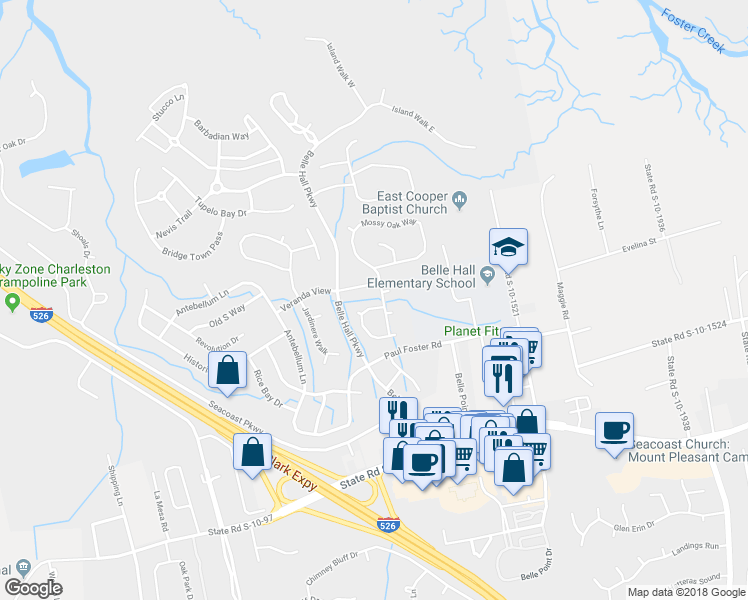 map of restaurants, bars, coffee shops, grocery stores, and more near 395 Fern House Walk in Mount Pleasant