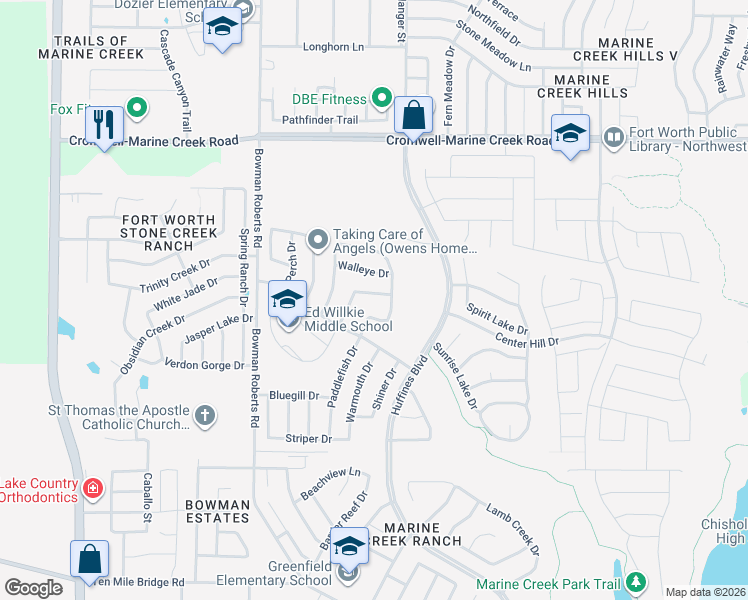 map of restaurants, bars, coffee shops, grocery stores, and more near 6160 Bowfin Drive in Fort Worth