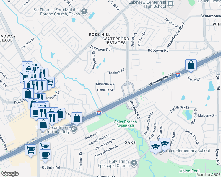 map of restaurants, bars, coffee shops, grocery stores, and more near 101 Rosehill Road in Garland
