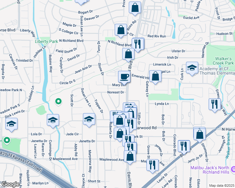 map of restaurants, bars, coffee shops, grocery stores, and more near 7751 Noreast Drive in Fort Worth
