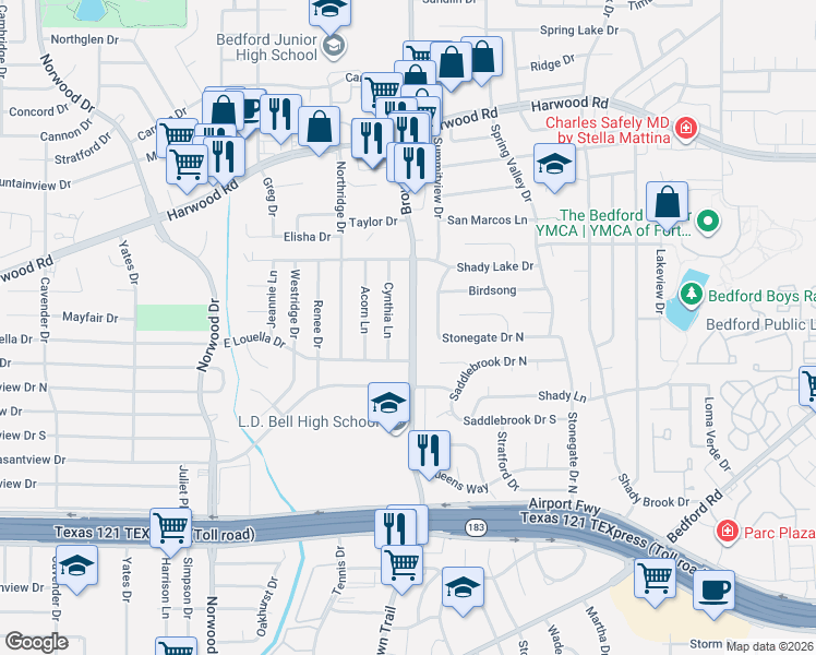 map of restaurants, bars, coffee shops, grocery stores, and more near 1740 Brown Trail in Hurst
