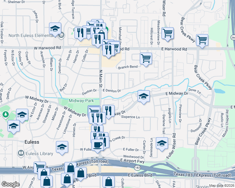 map of restaurants, bars, coffee shops, grocery stores, and more near 760 Midcreek Drive in Euless