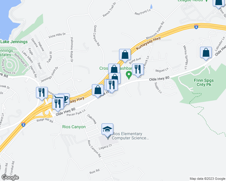 map of restaurants, bars, coffee shops, grocery stores, and more near 14367 Olde Highway 80 in El Cajon