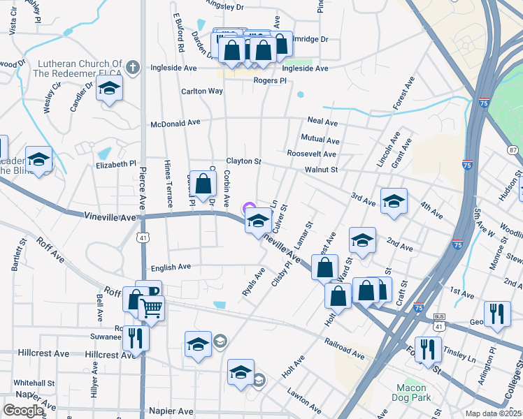map of restaurants, bars, coffee shops, grocery stores, and more near 131 Rogers Avenue in Macon